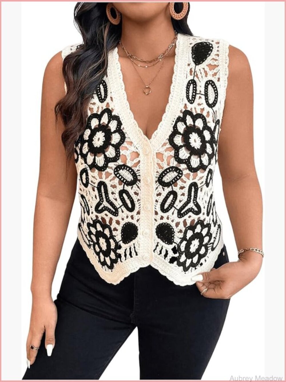 Women's Crochet Sweater Vest Button Front V Neck Sleeveless